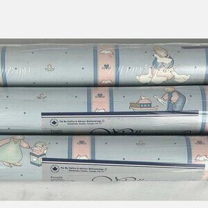 Vintage 80s Lot Of 3 Double Rolls Wallpaper Bunny Duck Cow Country Farm Blue